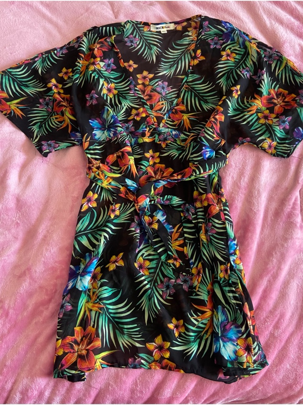 Tropical Floral Cover Up in Black with Multicolor Print